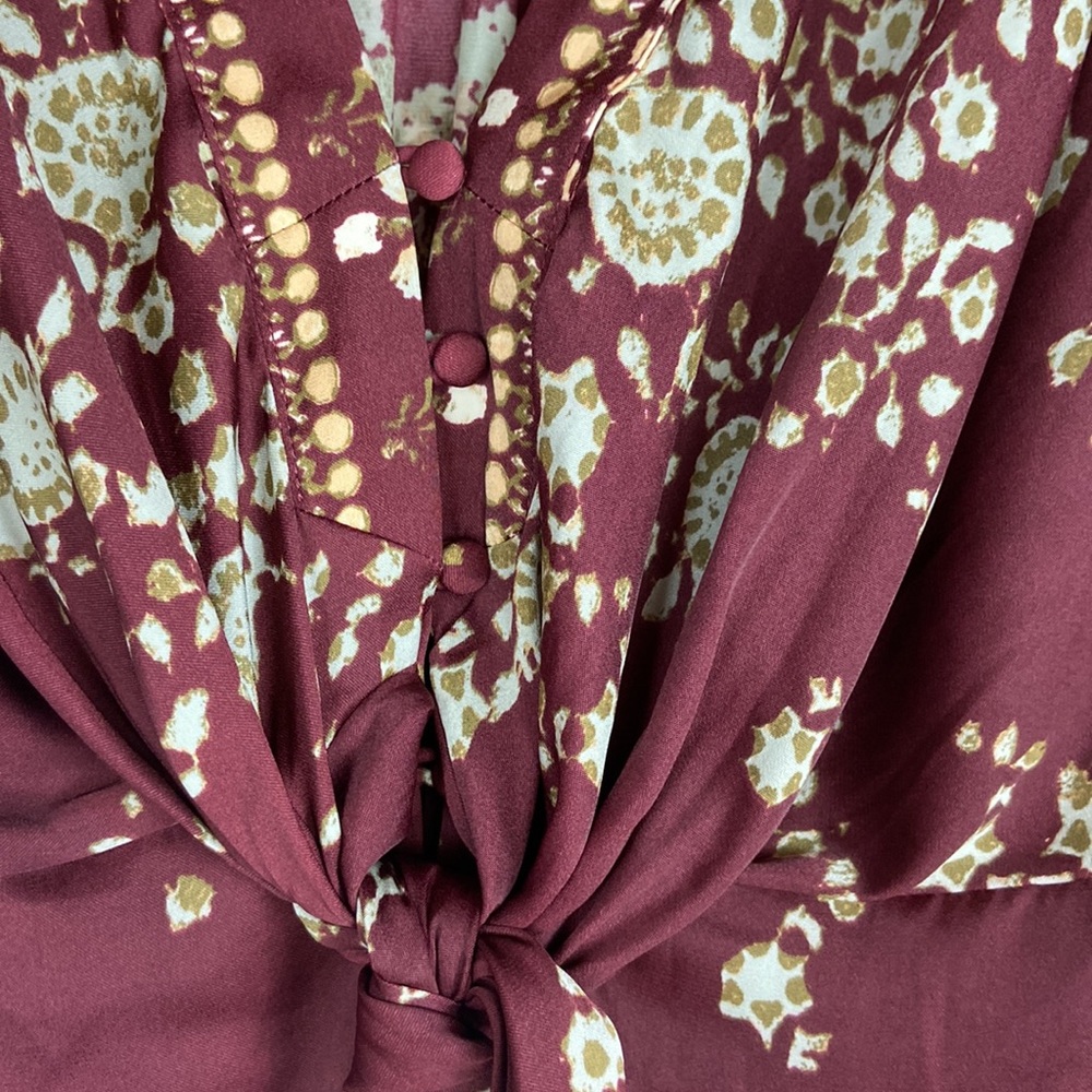Free People Run Free Silky Long Sleeve Front Tie Deep V Lightweight Boho Blouse - Picture 9 of 16